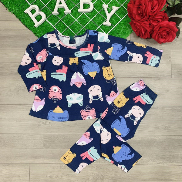 Dark navy blue animals faces knit cotton girls pajamas