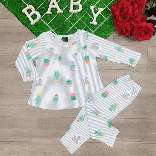 Blue stripes cactus knit cotton girls pajamas