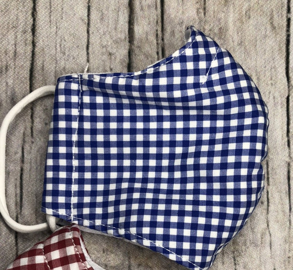 Blue and red gingham face mask for boy and girl 3-5 years old with pocket and nose wire insert