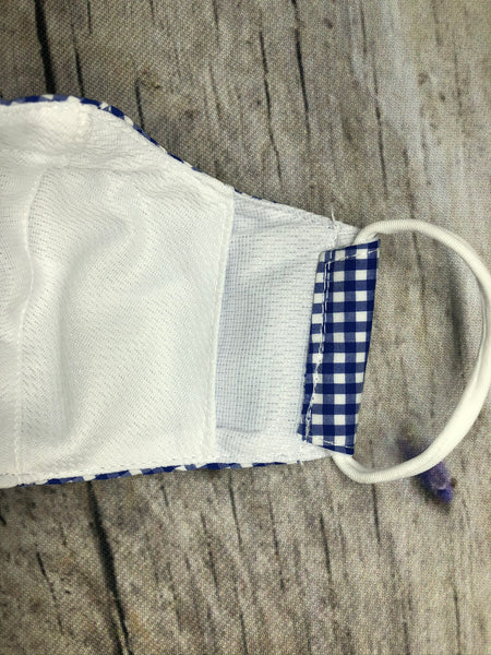 Blue and red gingham face mask for boy and girl 3-5 years old with pocket and nose wire insert
