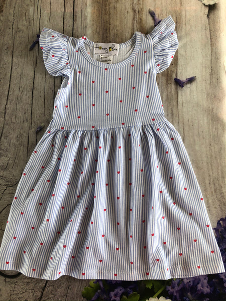 Light blue stripes red hearts knit cotton dress