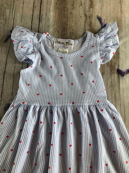 Light blue stripes red hearts knit cotton dress
