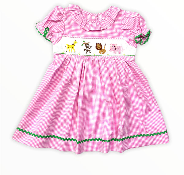 Zoo theme smocked dress with ruffle neck