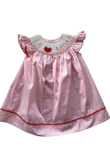 I LOVE MOM pink smocked dress