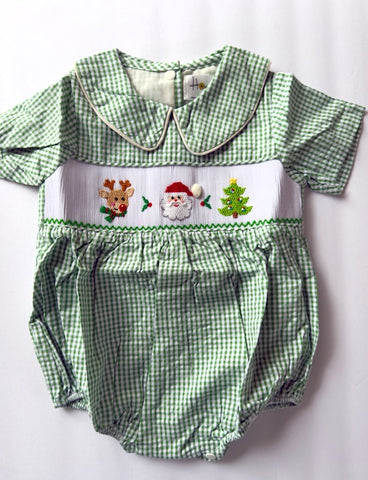 Christmas smocked boy bubble green gingham