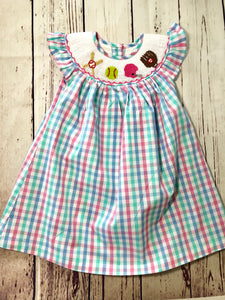 Baseball theme smocked bishop dress