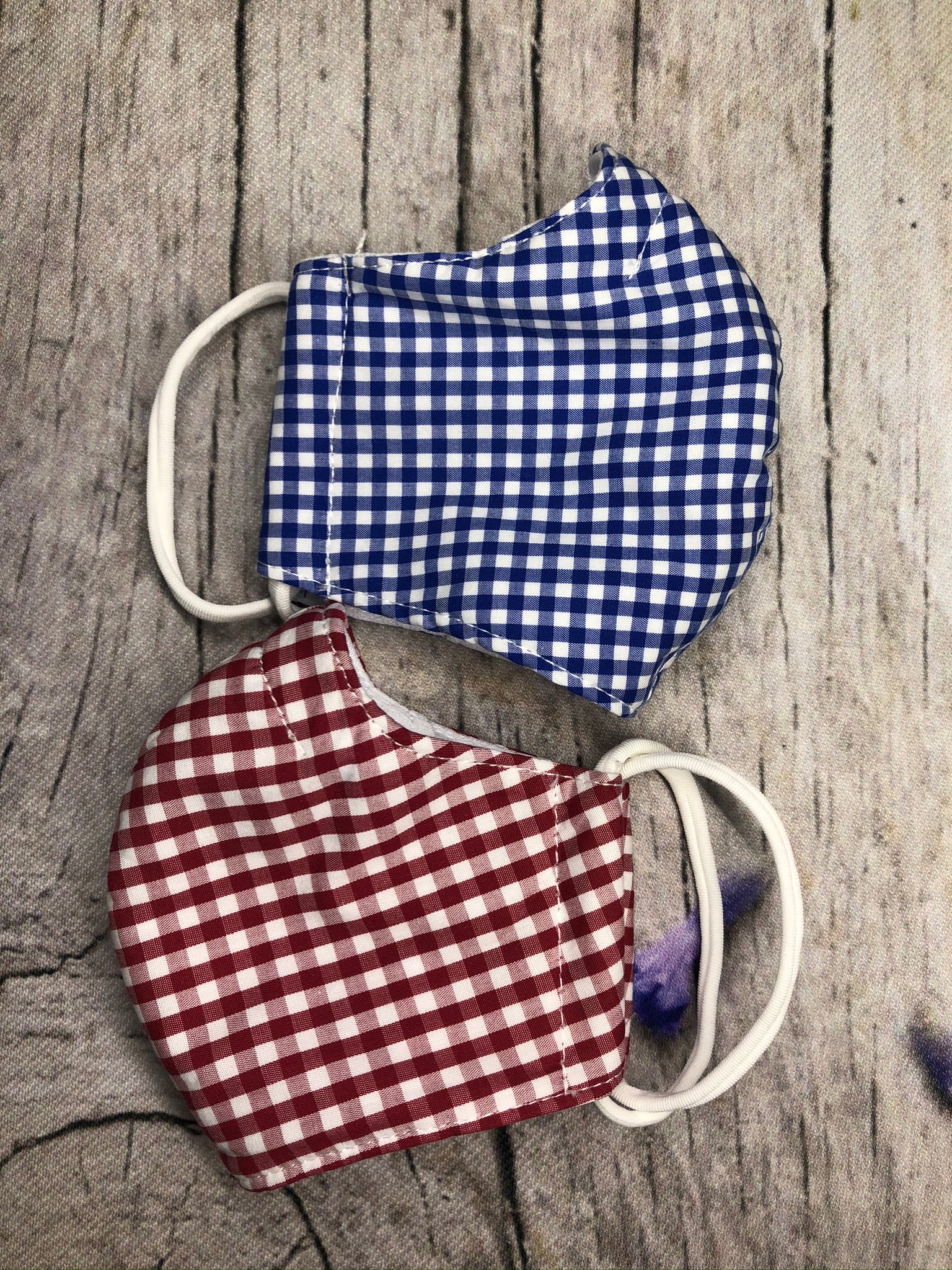 Blue and red gingham face mask for boy and girl 5-10 years old with pocket