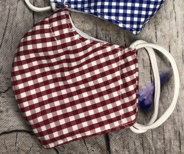 Blue and red gingham face mask for boy and girl 3-5 years old with pocket and nose wire insert