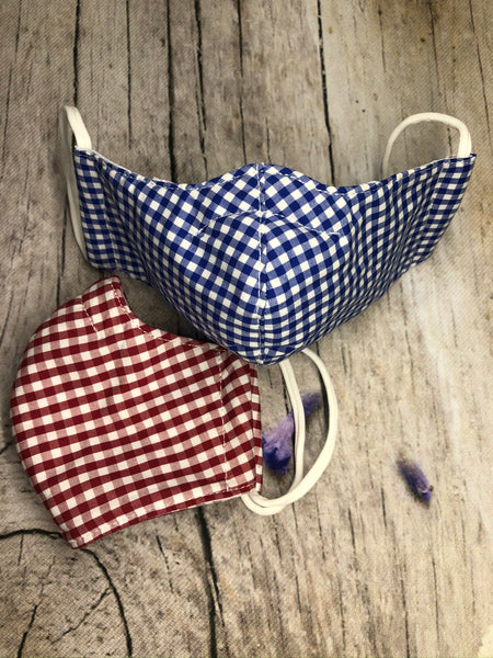 Blue and red gingham face mask for boy and girl 3-5 years old with pocket and nose wire insert