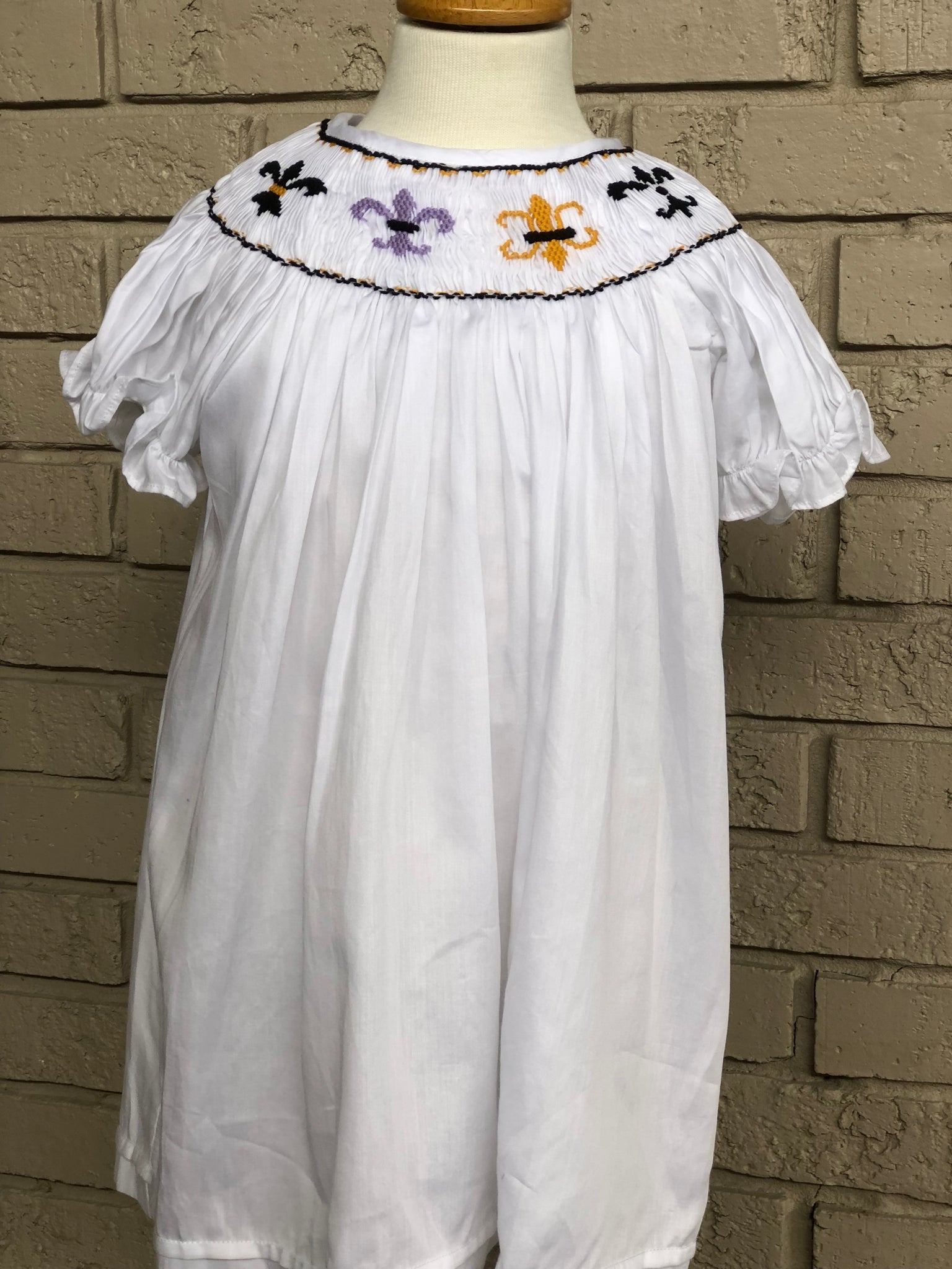 White Fleur de lis smocked dress