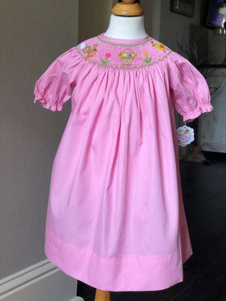 Easter pink polka dot smocked dress pre-order