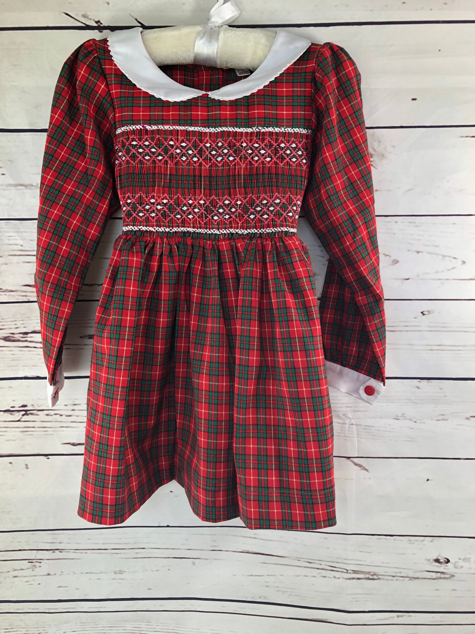 Red green and white plaid vintage smocked dress