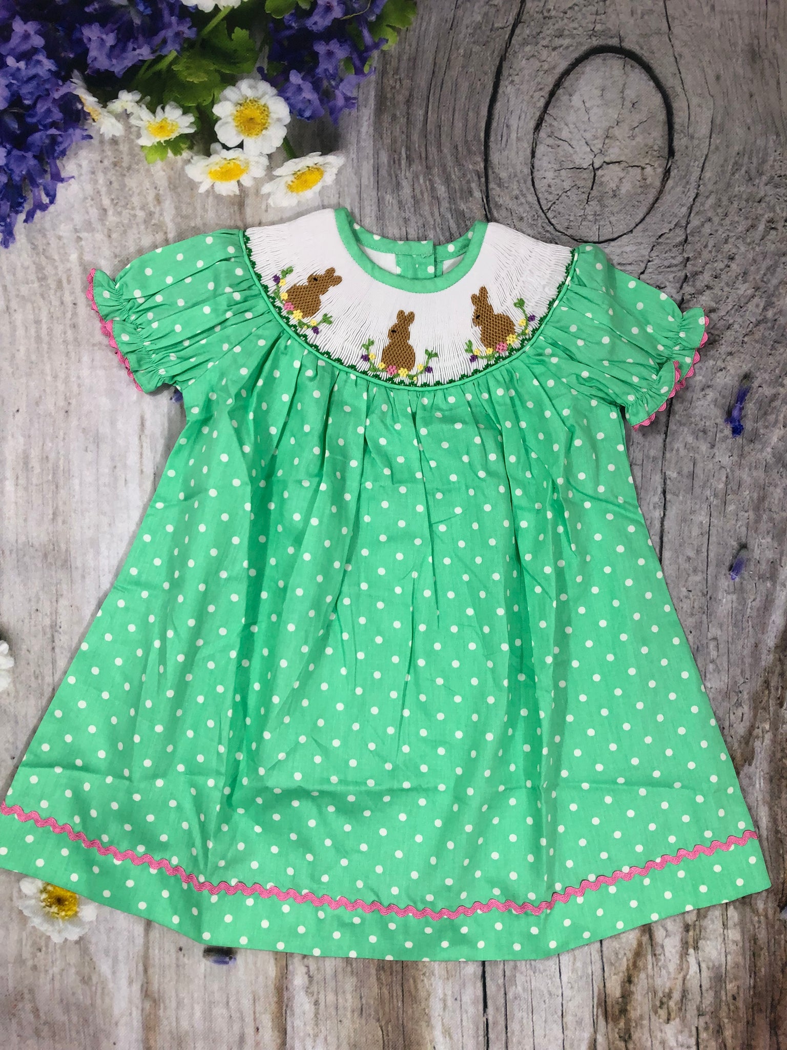 Green mint polka dots bunnies smocked dress