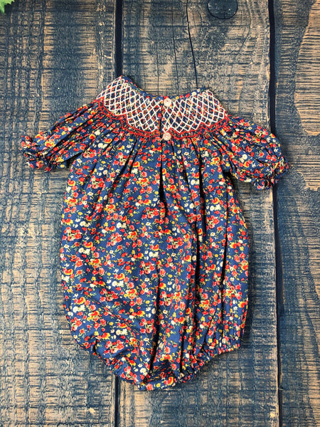 Navy blue red white floral smocked bubbles