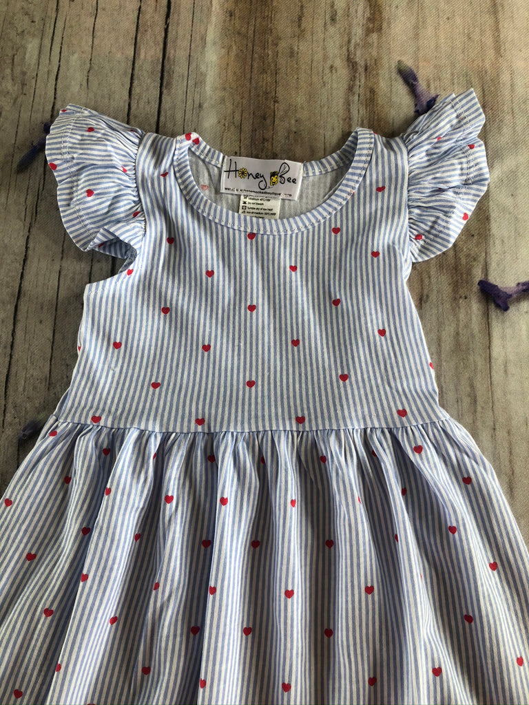 Light blue stripes red hearts knit cotton dress Honey Bee Smocked Boutique Light blue stripes red hearts knit cotton dress Honey Bee Smocked Boutique
