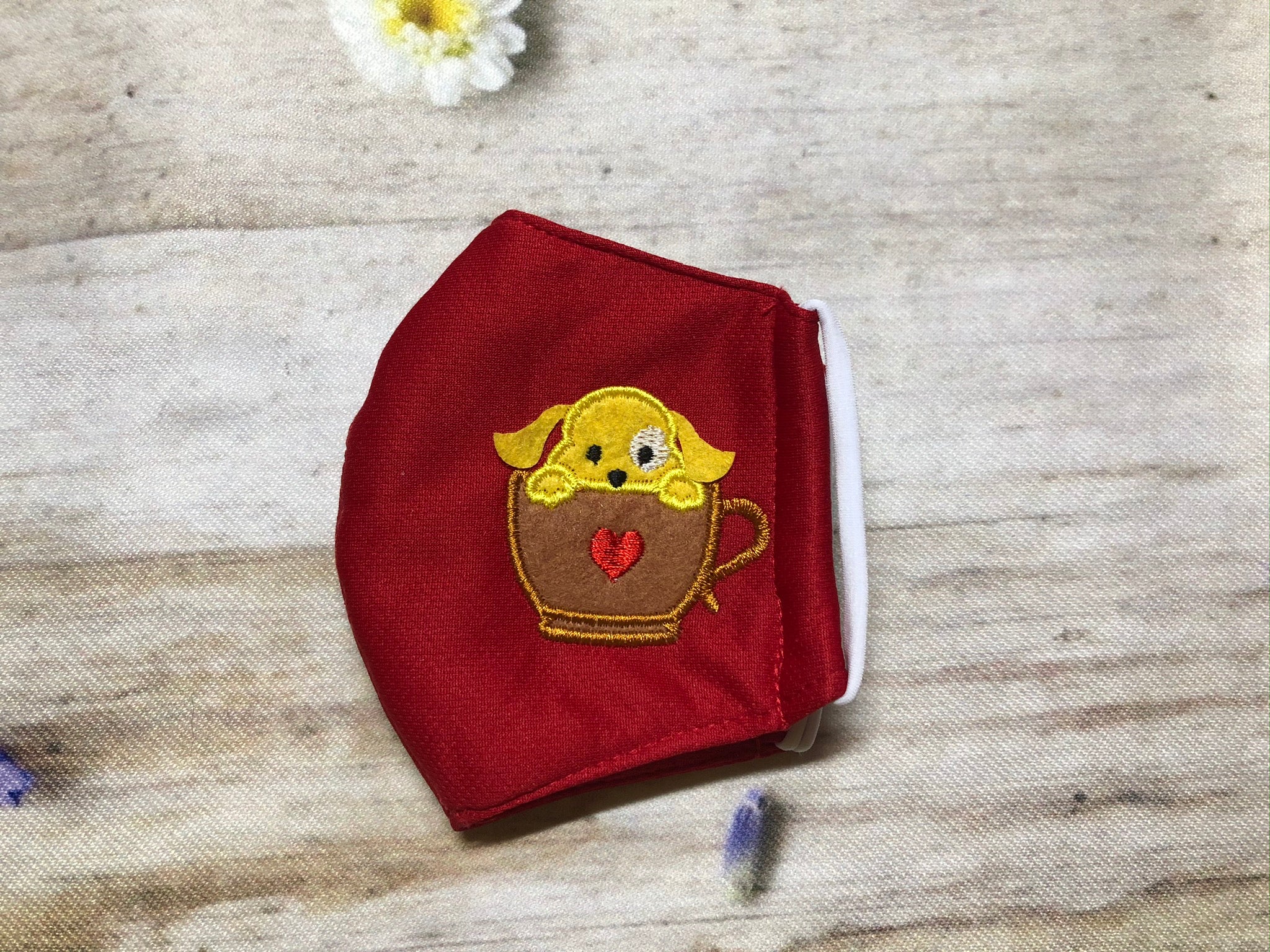 Teacup puppy applique face mask for kids 2-5 years old