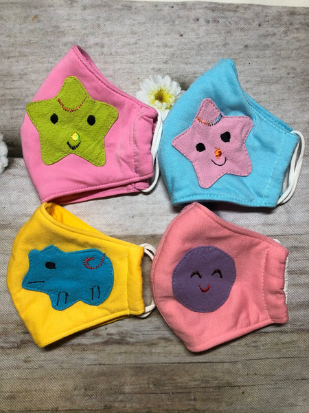 Solid color star, heart and hippo applique face mask for kids 2-5 years old