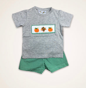 Thanksgiving turkey and pumpkins T-shirt shorts set