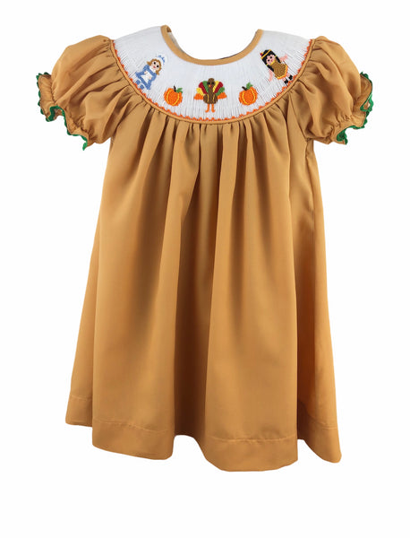 Mustard turkey pumpkins pilgrims smocked dress