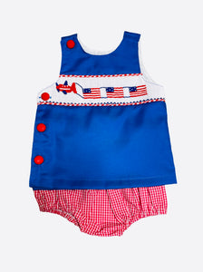 Fourth of July airplane flying with flags smocked diaper set 2021