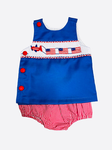 Fourth of July airplane flying with flags smocked diaper set 2021