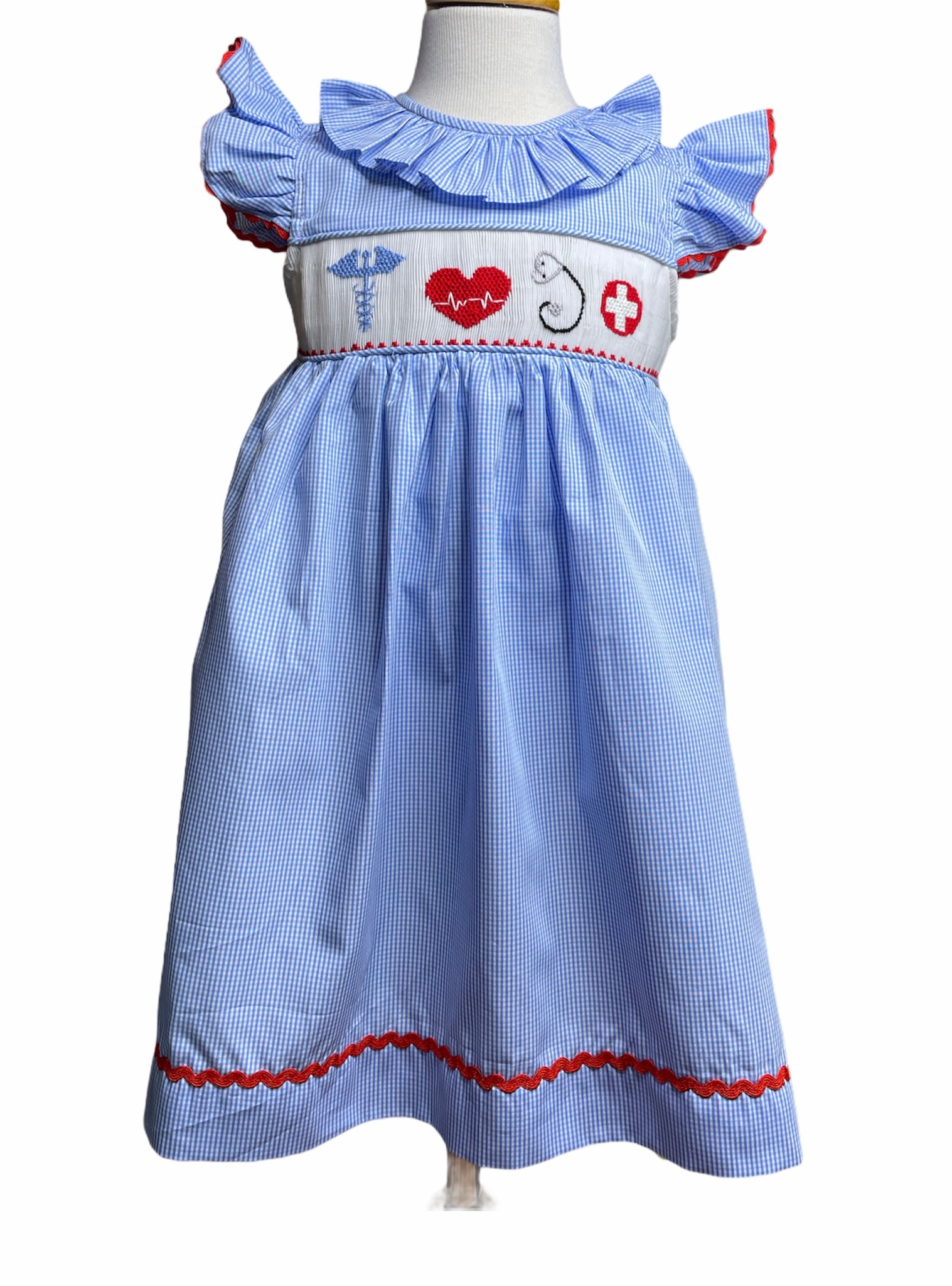 Health care theme blue smocked dress – Honey Bee Smocked Boutique