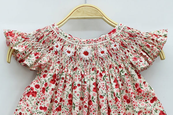 White daisy smocked dress red flowers