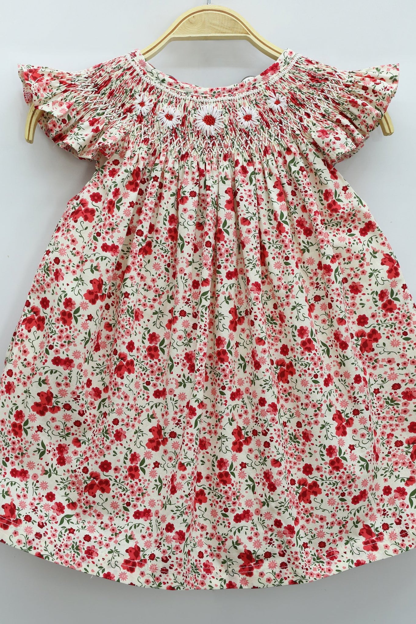 White daisy smocked dress red flowers