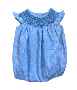 Pastel blue floral with coral rose smocked detail bubble