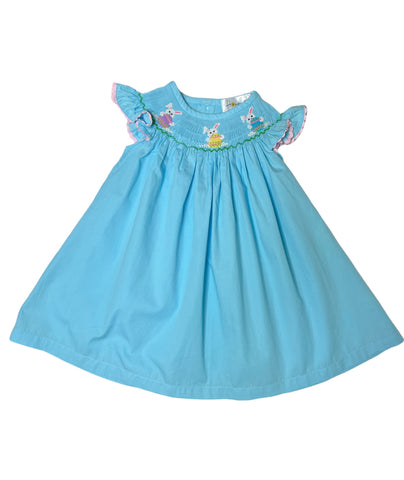 Easter solid blue three bunnies smocked dress