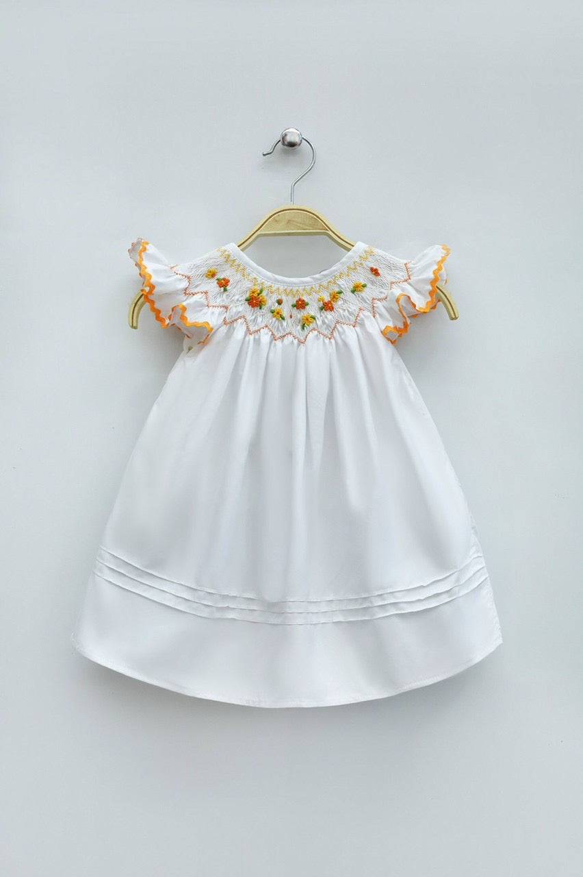 Vintage white smocked dress orange and yellow flowers – Honey Bee Smocked Boutique Vintage white smocked dress orange and yellow flowers – Honey Bee Smocked Boutique