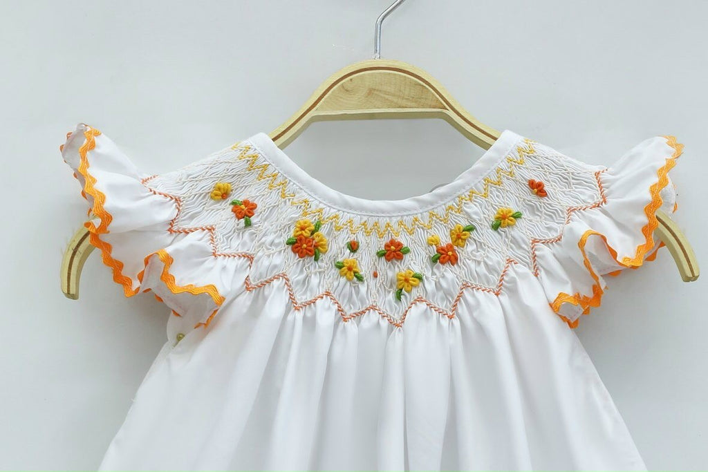 Vintage white smocked dress orange and yellow flowers – Honey Bee Smocked Boutique Vintage white smocked dress orange and yellow flowers – Honey Bee Smocked Boutique