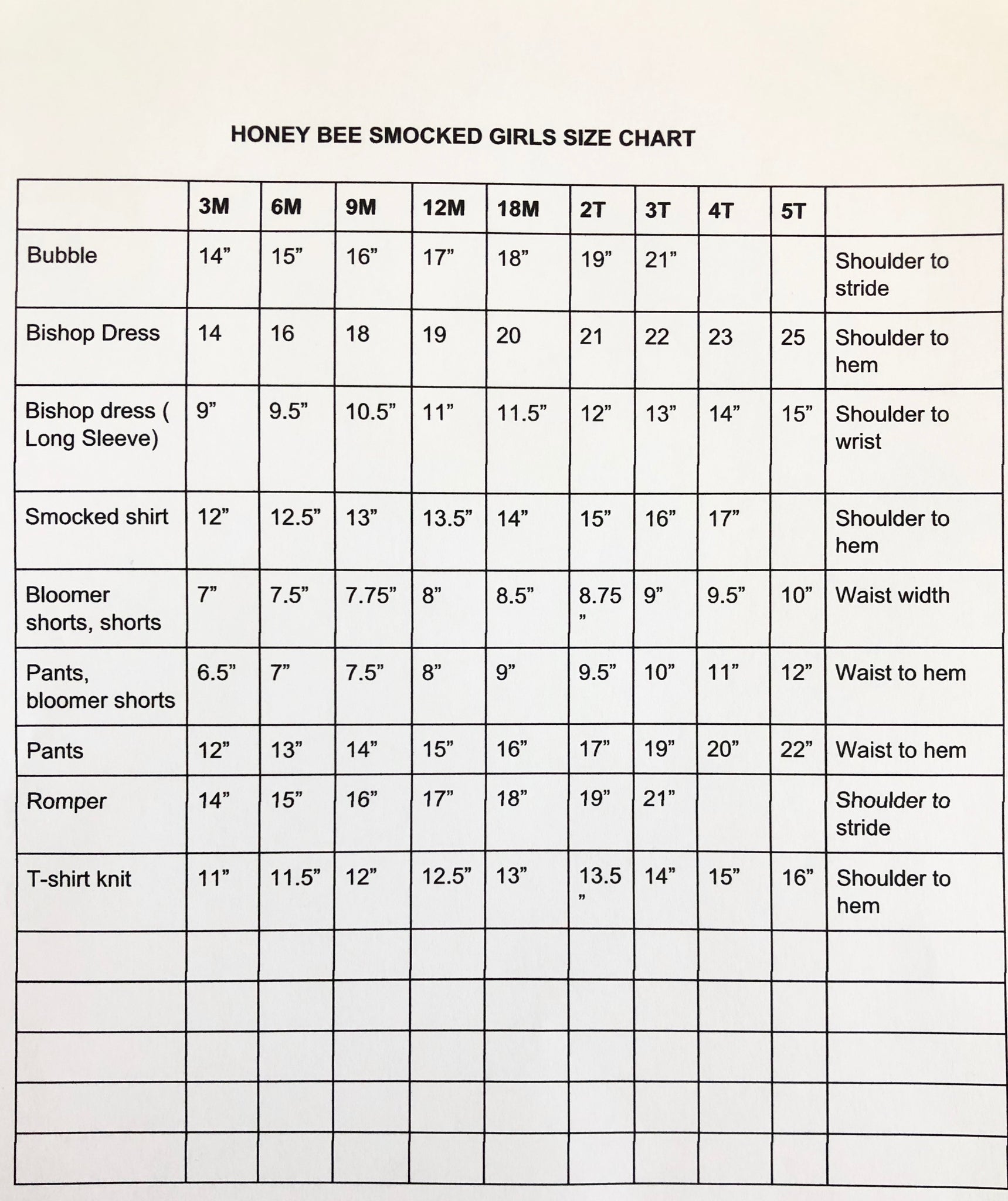 Honey Bee Smocked Boutique girl smocked clothes size chart
