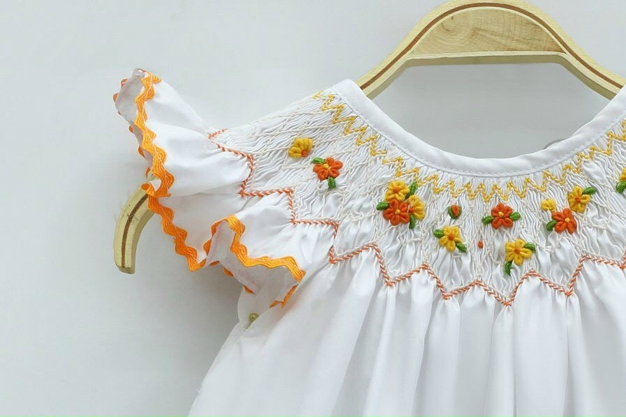 Vintage white smocked dress orange and yellow flowers – Honey Bee Smocked  Boutique