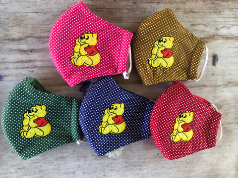 Polka dot Winnie the Pooh cotton face masks for girls 5-10  years old
